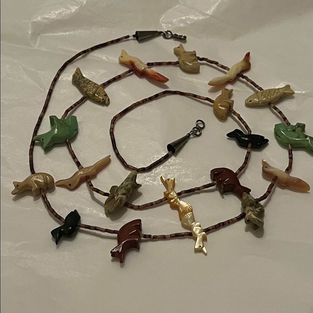 SOLD-Zuni Fetish Necklace carved stone animals-$40 - Picture 2 of 9